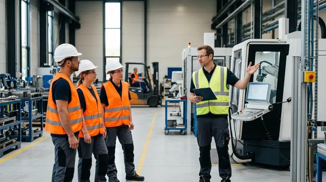 A supervisor with a clipboard walking new staff in hard hats through a production floor