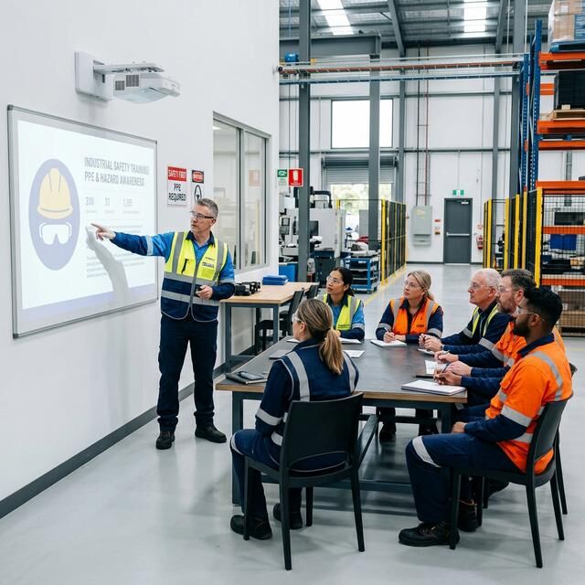 An instructor presenting a PPE and hazard awareness session to a seated class